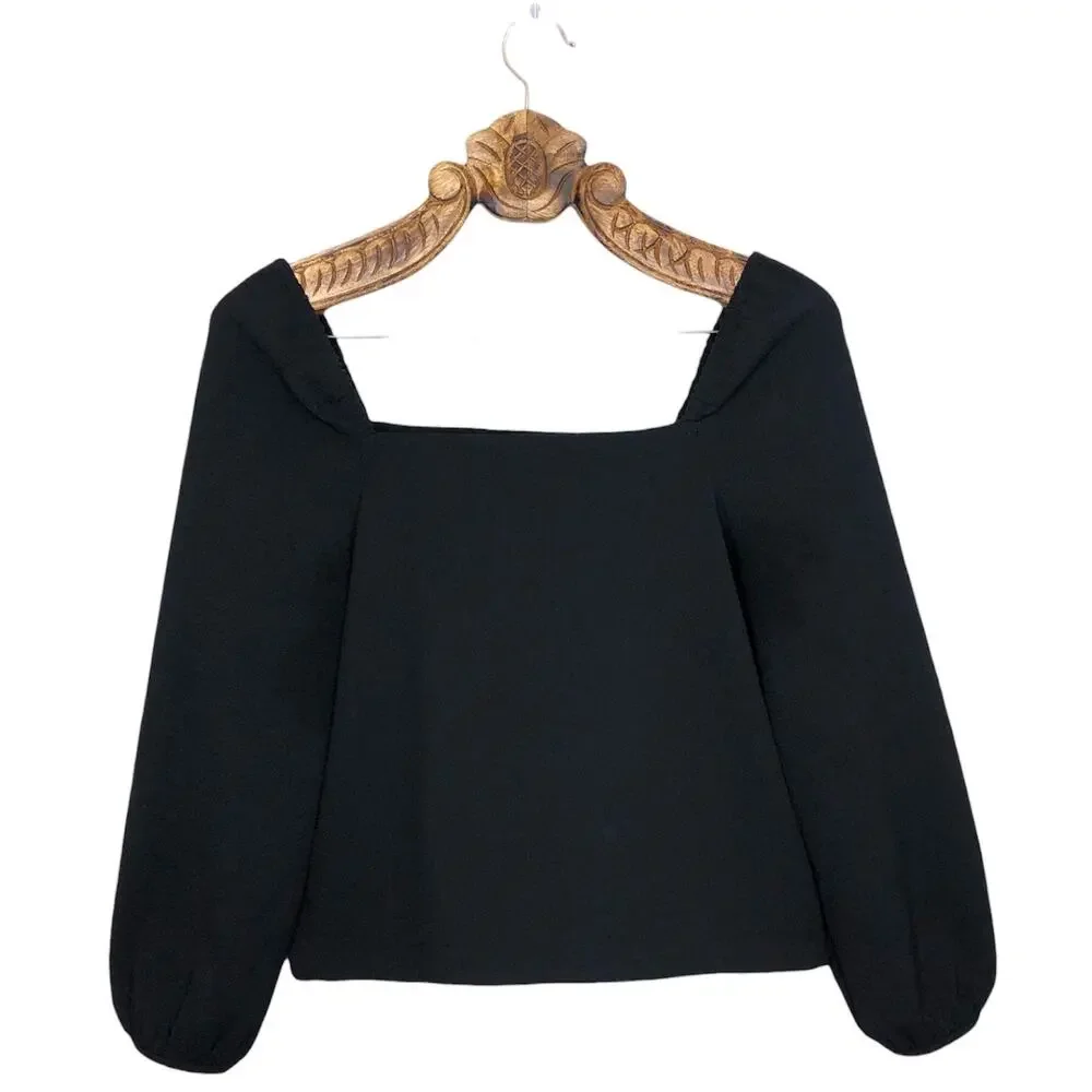 Madewell Top Black Gauze Square Straight Neck Puff Sleeve Boxy Blouse Medium